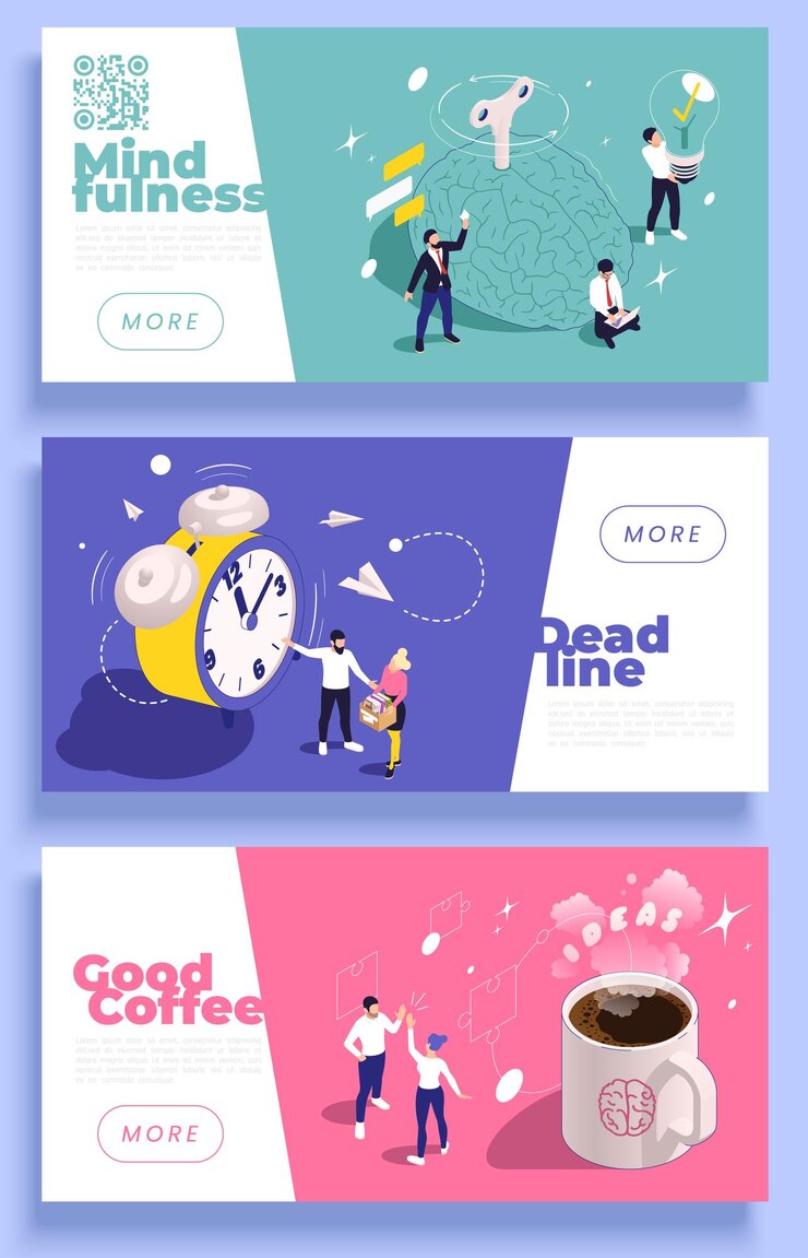 無料Vector 生産性向上コーヒー カップ目覚まし時計ベクトル イラストの等角投影図の 3 つの水平方向のバナーのセットを後押し
