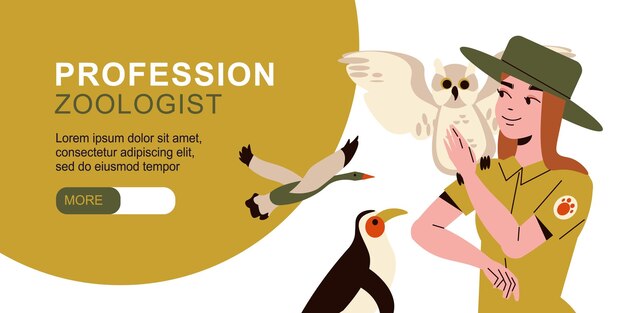 Профессия зоолог горизонтальный баннер с молодой женщиной-орнитологом в униформе и совой на ее плече плоская векторная иллюстрация