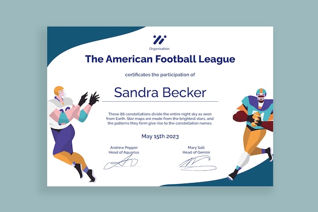 Vettore gratuito certificato di partecipazione al campionato professionistico di football americano