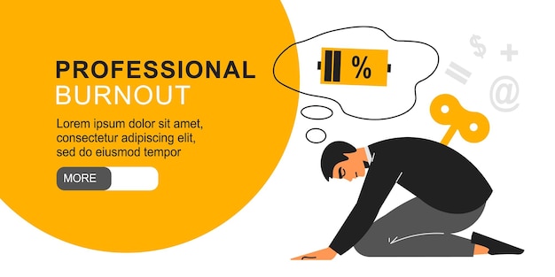 Free vector professional burnout horizontal banner with exhausted young man experiencing syndrome of chronic fatigue flat vector illustration