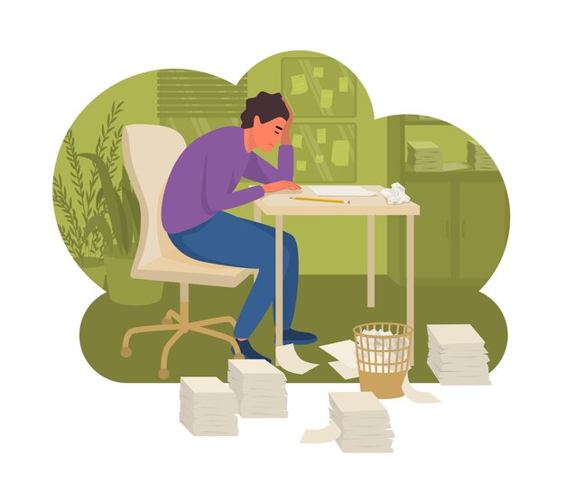 Professional burnout syndrome flat illustration with tired male character sitting at desk and supporting head with his hand vector illustration