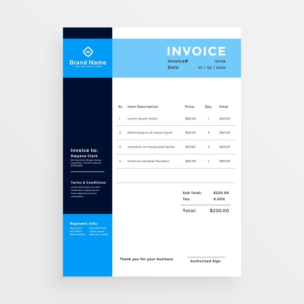 professional business invoice template design in blue color