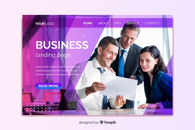 Free vector professional business landing page with photo