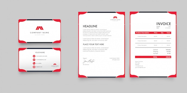 Professional business stationery pack with red shapes