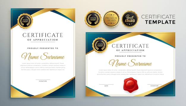 Vettore gratuito design certificato professionale in tema dorato premium
