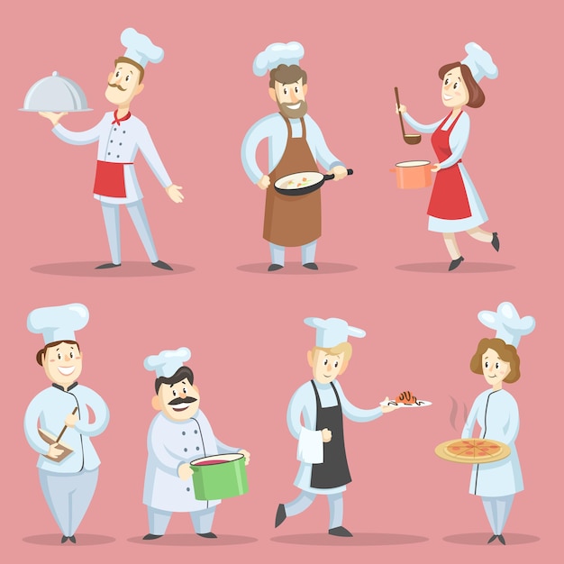 Free vector professional chefs cooking food illustrations set