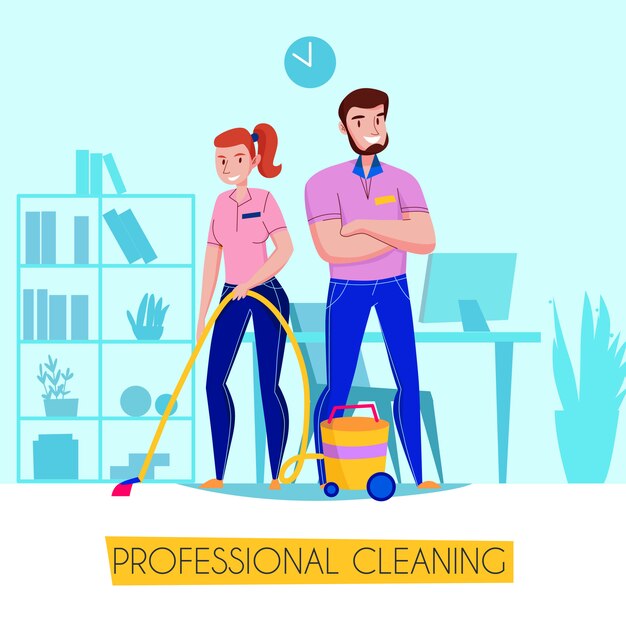 professional cleaning service flat advertising poster with team in uniform vacuuming floor in living room  illustration