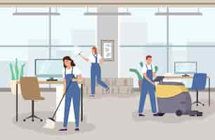 Free vector professional cleaning service flat composition with people washing windows and mopping office floor vector illustration