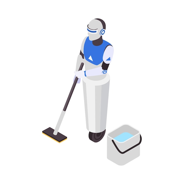 Professional cleaning service isometric composition with character of anthropomorphic robot with vacuum cleaner on blank background vector illustration