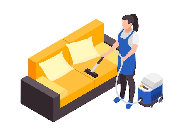 空白の背景のベクトル図にソファを掃除する女性労働者のキャラクターとプロのクリーニングサービス等角投影図