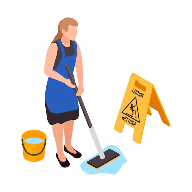 Free vector professional cleaning service isometric composition with character of woman performing wet cleanup on blank background vector illustration