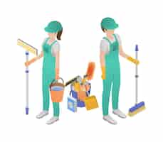 Free vector professional cleaning service isometric concept two women with a mop and dusting brush ready to go vector illustration