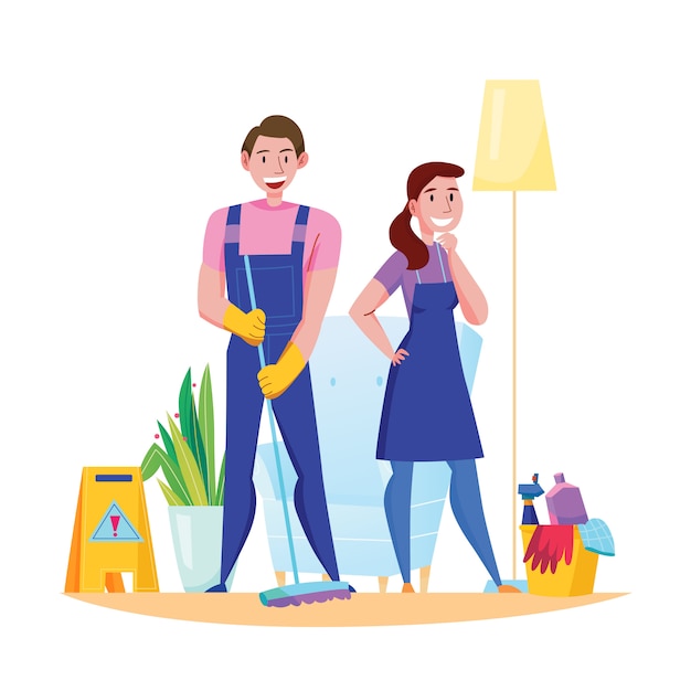 Professional cleaning service team duties accessories flat composition with man woman in uniform sweeping floor  illustration