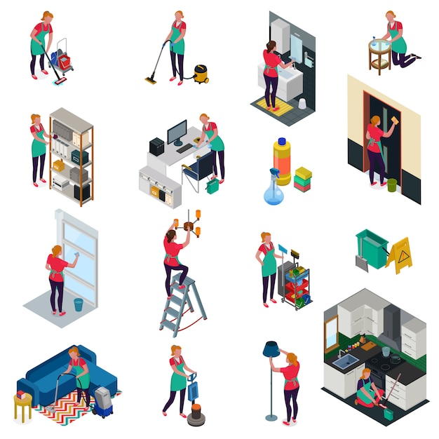 Professional cleaning services for office and apartment set of isometric icons isolated