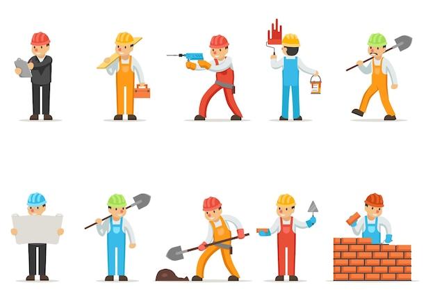 Бесплатное векторное изображение Профессиональные строители или строители. специалист по строительству и строительству, рабочий копает или сверлит, иллюстрация рабочего каменщика