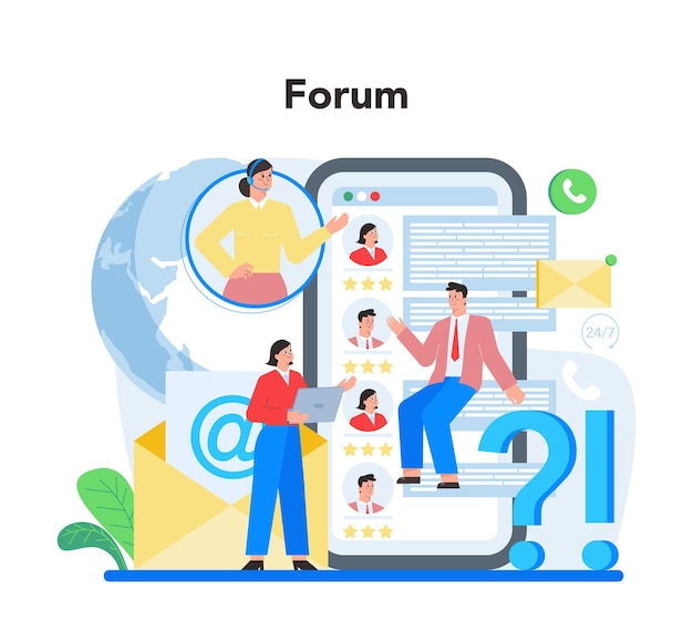 Piattaforma o servizio online di consulenza professionale raccomandazione per la strategia di vendita aiuta i clienti con problemi di business forum online illustrazione vettoriale piatta