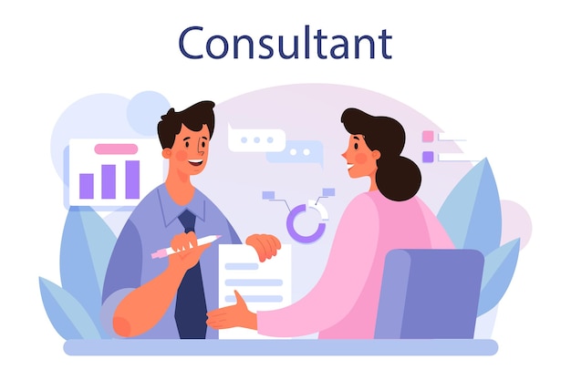Professional consulting service Research and recommendation Idea of strategy management and troubleshooting Help clients with business problems Isolated flat vector illustration