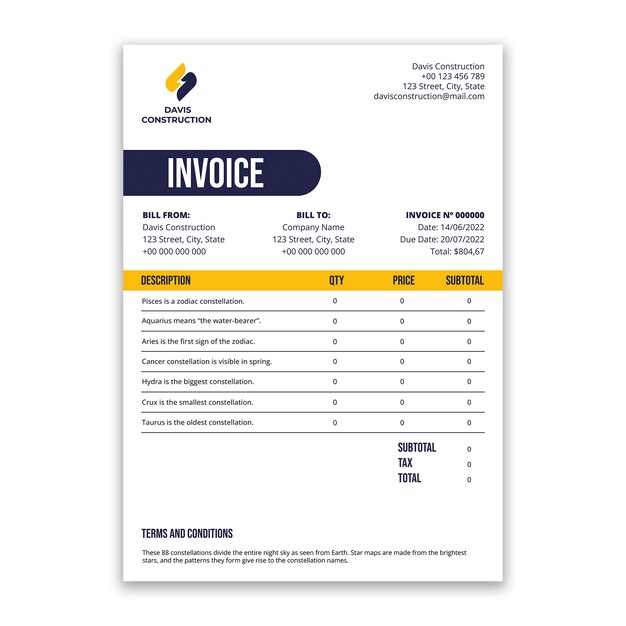 Professional davis construction invoice