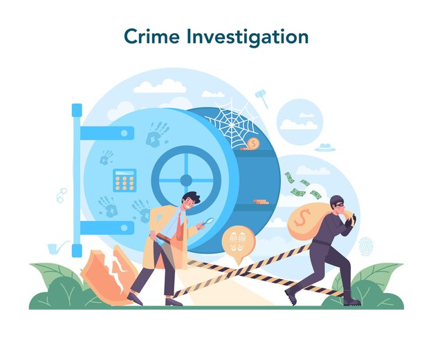 Professional detective concept Agent investigating a crime place and looking for clues Person solving crime by talking to witness and collecting physical evidence Vector illustration