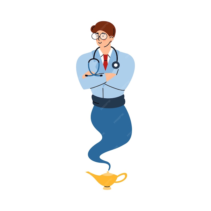  Professional doctor genie cartoon character flat vector illustration isolated Premium Vector