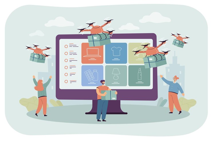 Free Vector professional drones delivering purchases to cartoon customers. city people with huge monitor flat illustration
