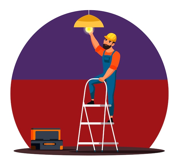 Free vector professional electrician change light bulb in chandelier at home technical worker with toolkit box standing on ladder repairman in uniform and helmet at work