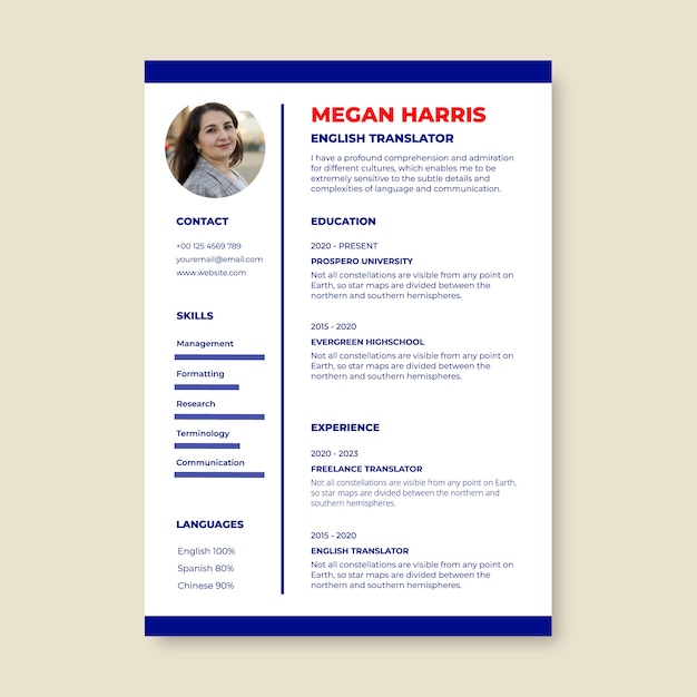 Professional english translator resume template