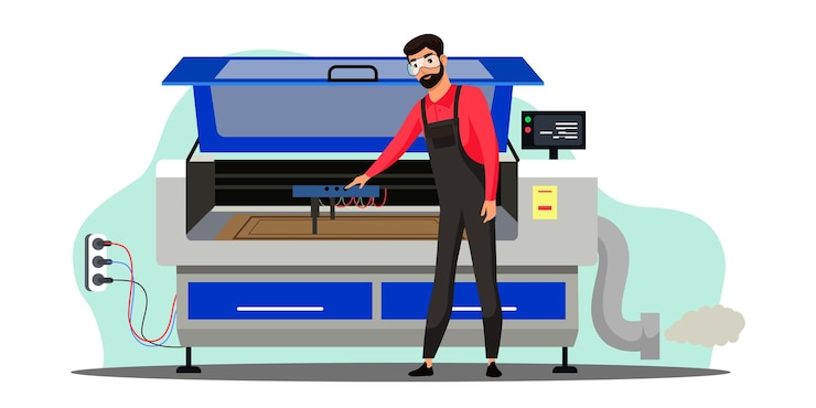 मुफ़्त वेक्टर professional equipment for advertising agency concept specialist works on laser engraving cutting machine