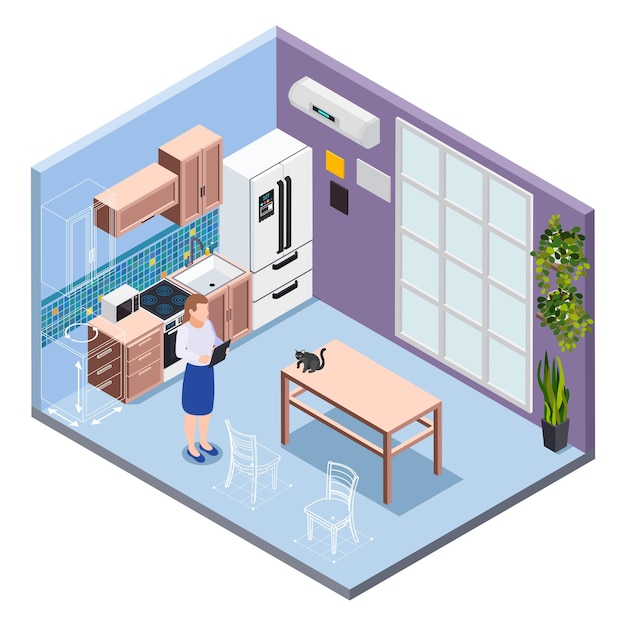 Professional er working in modern kitchen interior with furniture and household isometric