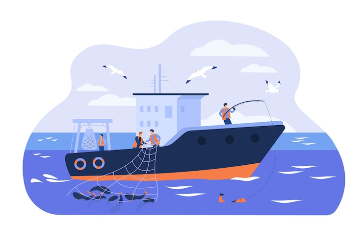Free Vector professional fishermen working in vessel isolated flat vector illustration. cartoon fishers catching fish and using net in ship. commercial fishing industry concept