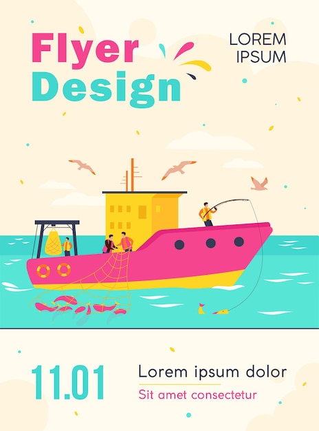 Free vector professional fishermen working in vessel isolated flyer template