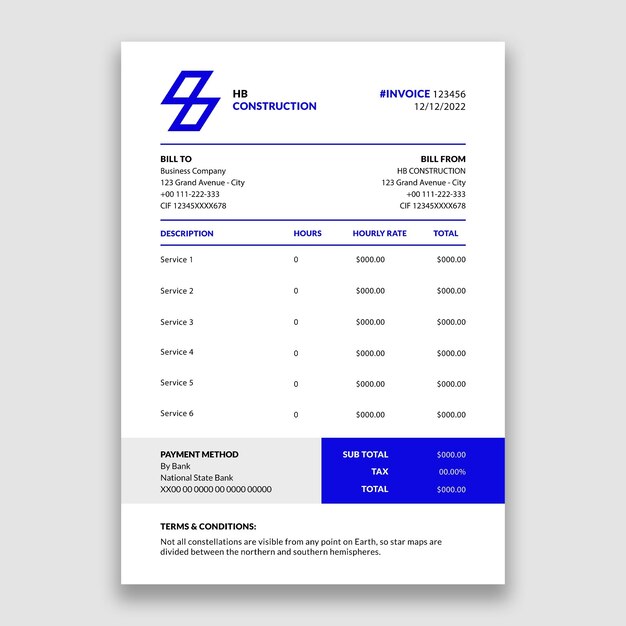Professional formal construction invoice