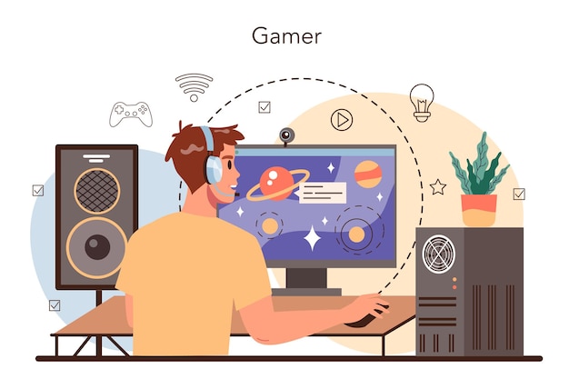 無料ベクター プロゲーマーのコンセプトコンピュータービデオゲームで遊ぶ人esportsチームプロストリーマー仮想チャンピオンシップ漫画風のベクトルイラスト