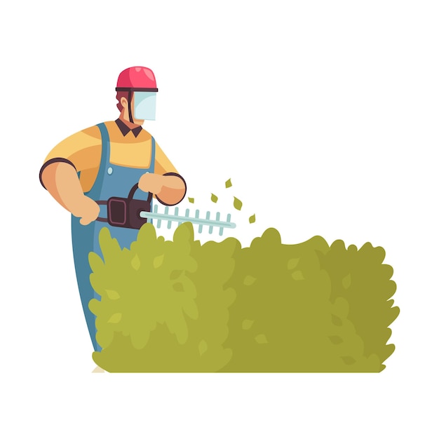 Professional gardener grass shrubbery trees hedges composition with tipping appliance operated by gardener in helmet vector illustration