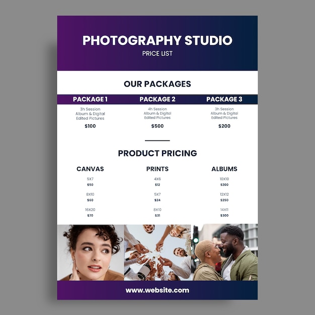 Free vector professional gradient photography studio price list