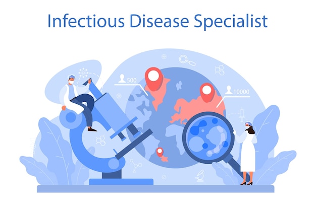 감염성 질병 바이러스 및 호흡기 감염 발병 비상 도움을 치료하는 전문 감염자 감염 질병 전문가 격리 된 평면 벡터 일러스트 레이션