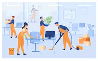 Free vector professional janitors working in office isolated flat vector illustration. cartoon cleaning team washing, holding stuff, removing dust, using vacuum cleaner.