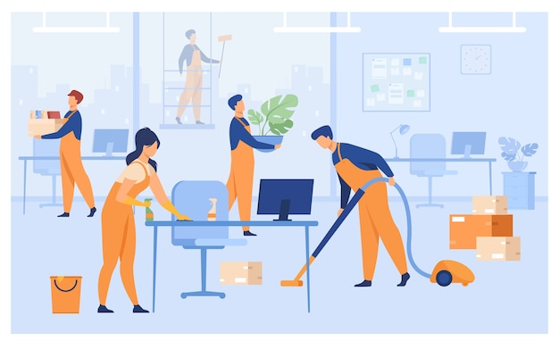 Professional janitors working in office isolated flat vector illustration. Cartoon cleaning team washing, holding stuff, removing dust, using vacuum cleaner.