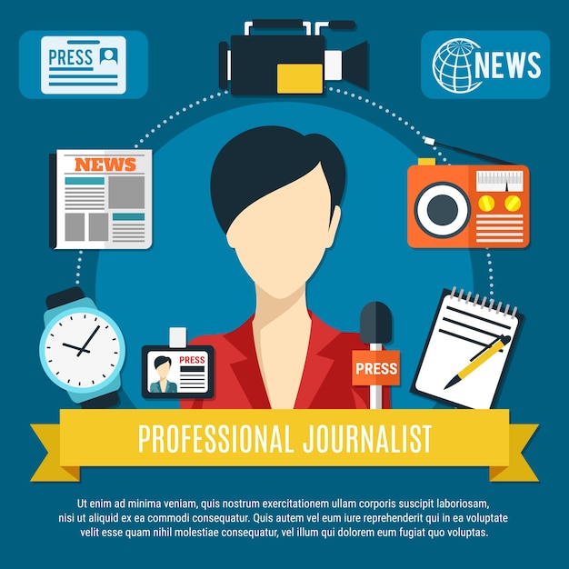 Professional journalist background with news anchorwoman character press microphone radio receiver flat icons