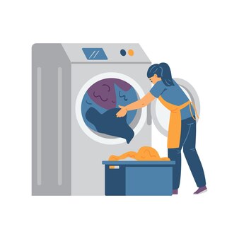 흰색 배경에 격리된 평평한 벡터 삽화가 있는 세탁기에 옷을 싣는 전문 세탁 노동자. 세탁 및 세탁 서비스.