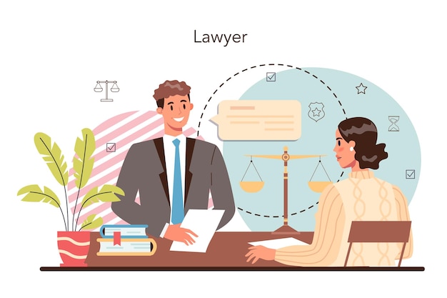 Professional lawyer concept Punishment and judgement idea Settling document creation Law advisor or consultant advocate defending a customer at the trial Vector flat illustration