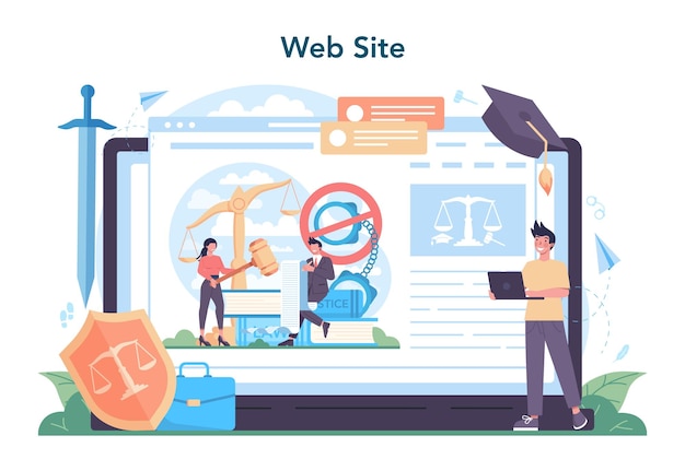 Free vector professional lawyer online service or platform housing family and land legal dispute law advisor advocate defending a customer website vector flat illustration