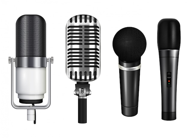Free vector professional microphone collection for karaoke and concert in realistic style isolated on white background  illustration