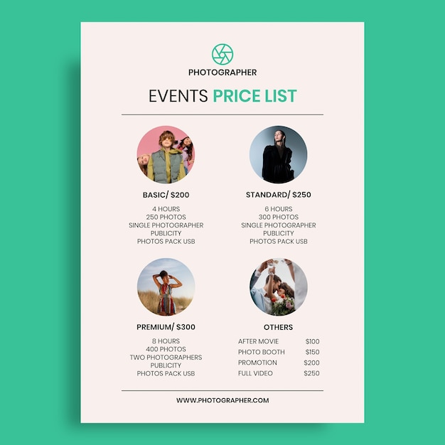 Free vector professional minimalist events photographer price list