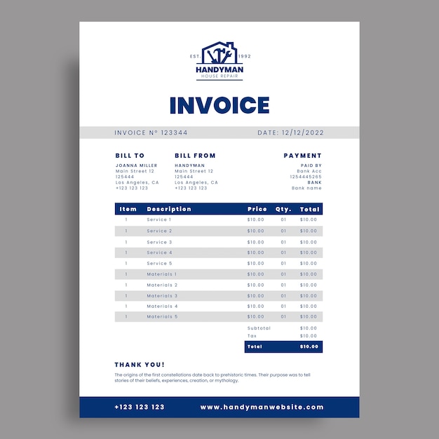 Professional minimalist handyman invoice