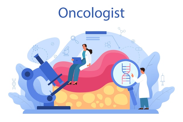 전문 종양 전문의 암 질병 진단 및 치료 종양학 화학 요법 생검 종양 제거 격리 된 평면 벡터 일러스트 레이 션