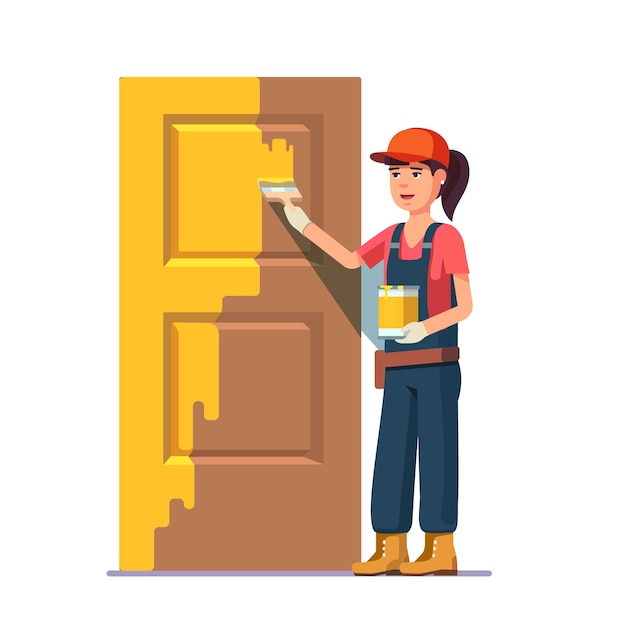 Professional painter painting door in yellow color