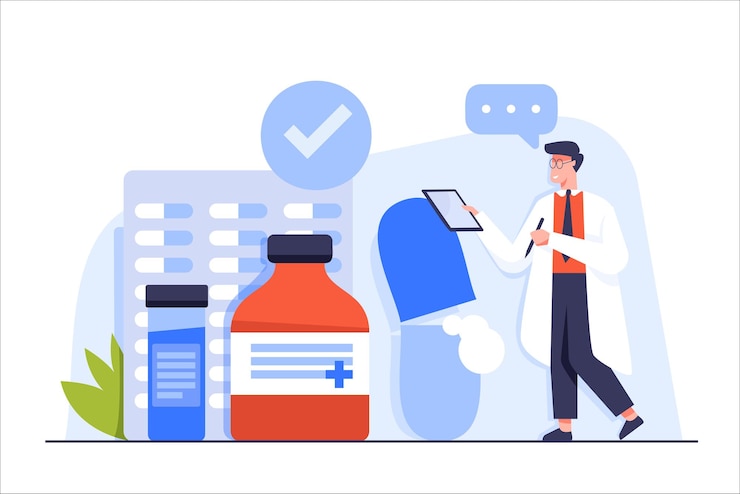 Free Vector professional pharmaceutical science pharmacist checking medicaments in pharmacy store pharmacy business medicine drug store character flat cartoon vector illustration