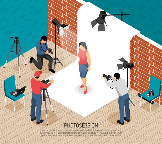 Professional photo art studio interior equipment photographers work isometric composition with fashion model shooting session vector illustration