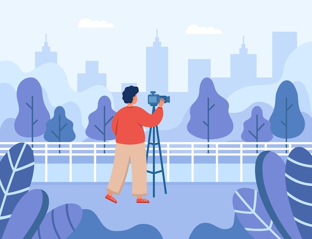 Professional photographer taking picture of landscape of city. man with camera on tripod flat vector illustration. photography, traveling, nature concept for banner, website design or landing web page